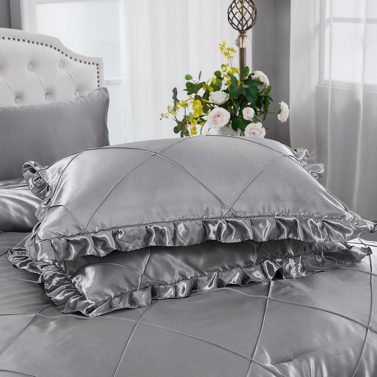Grey Queen Comforter Set with 8 Pcs Satin Bedding