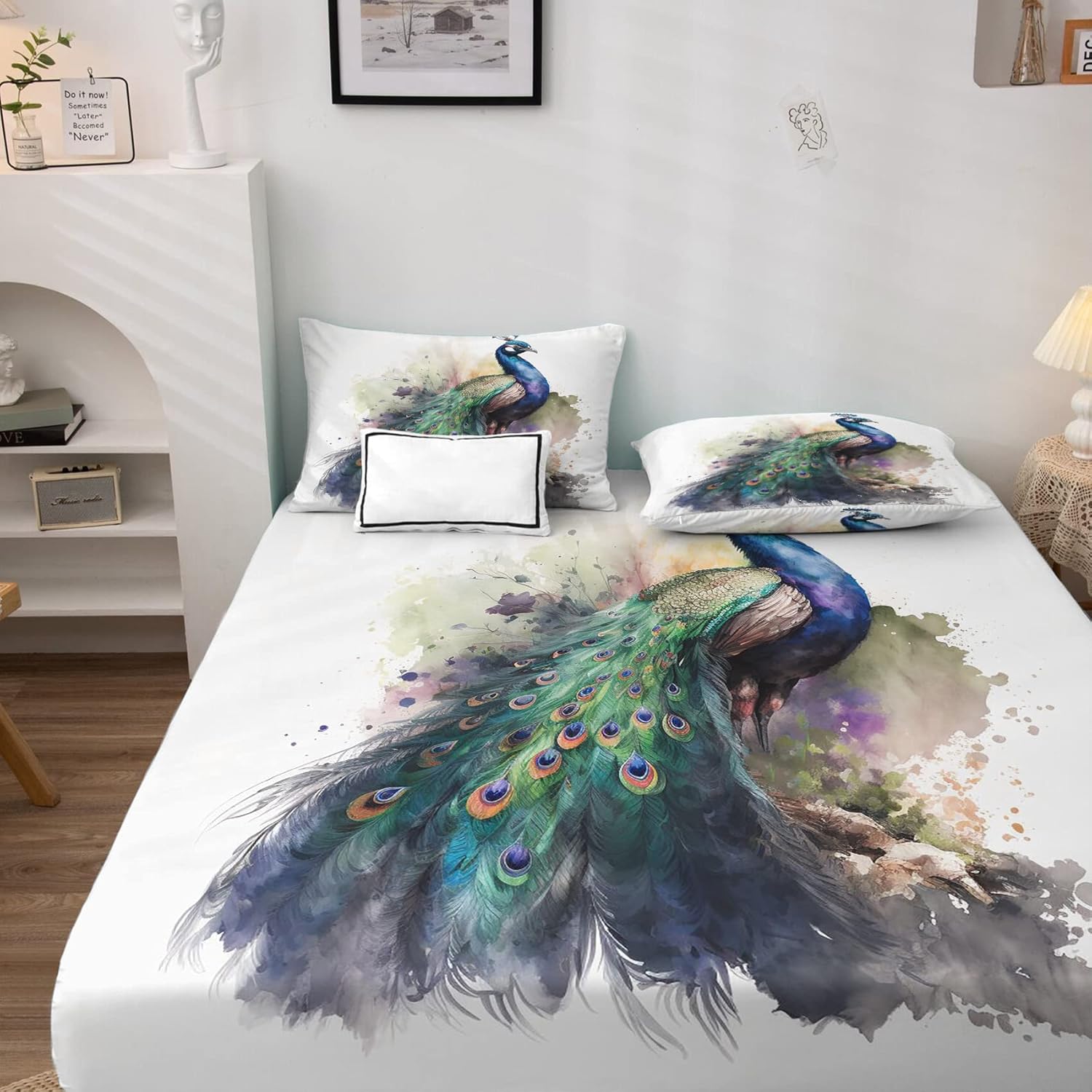 Peacock Watercolor California King Bed Sheet Set
