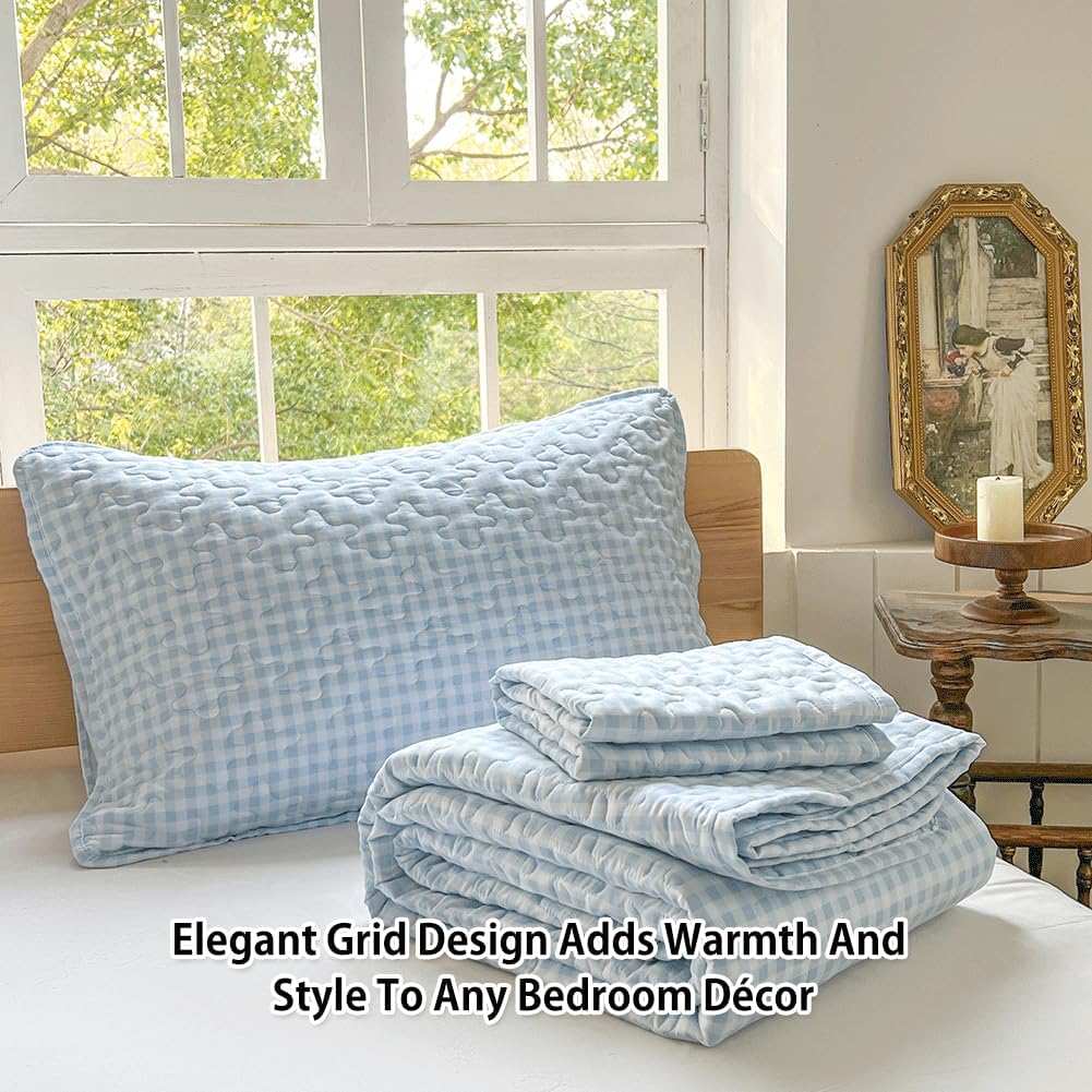 NSNLGSGC Gingham King Quilt Set Soft Blue Plaid Bedspread