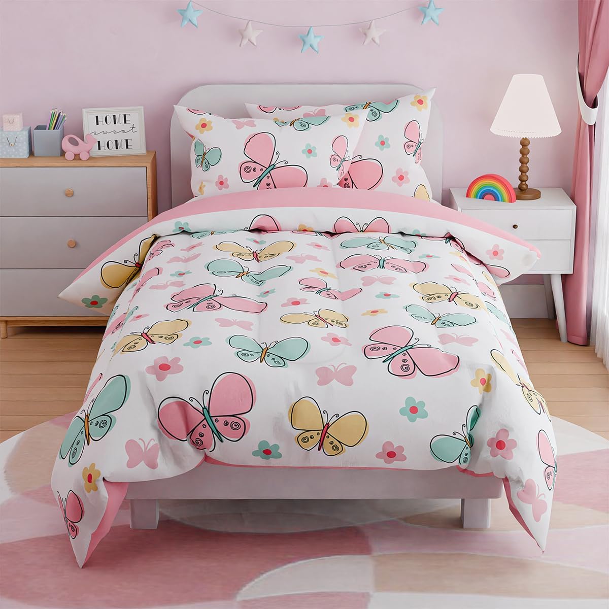 SANDJEST Butterfly Comforter Set for Girls