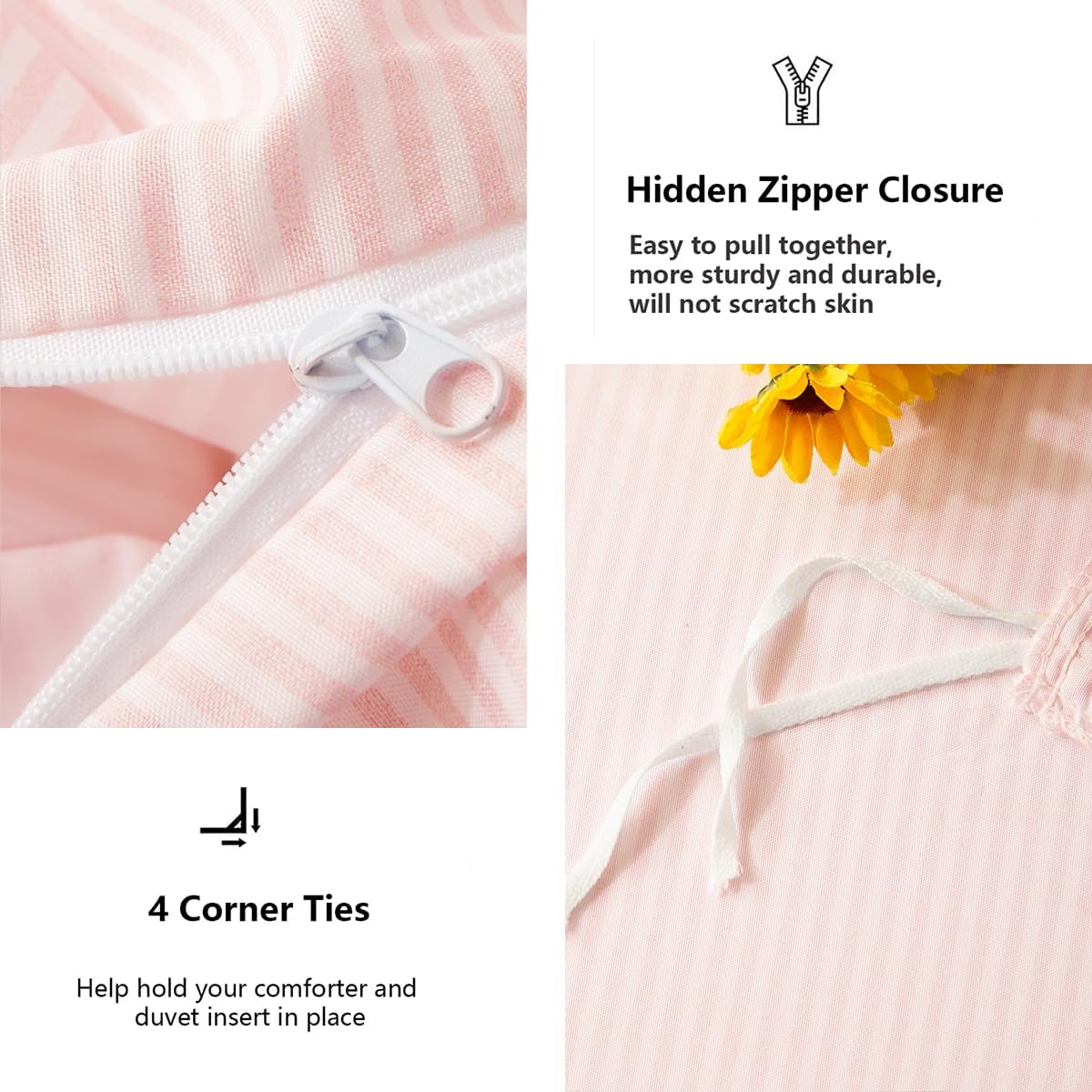 Pink Striped Duvet Cover Set 3Pcs Queen Size
