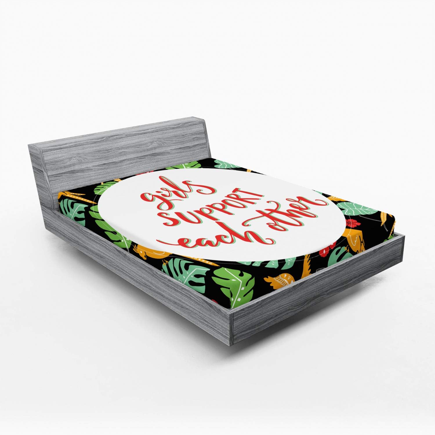 Ambesonne Microfiber Fitted Sheet - Tropical Monstera and Parrots Design