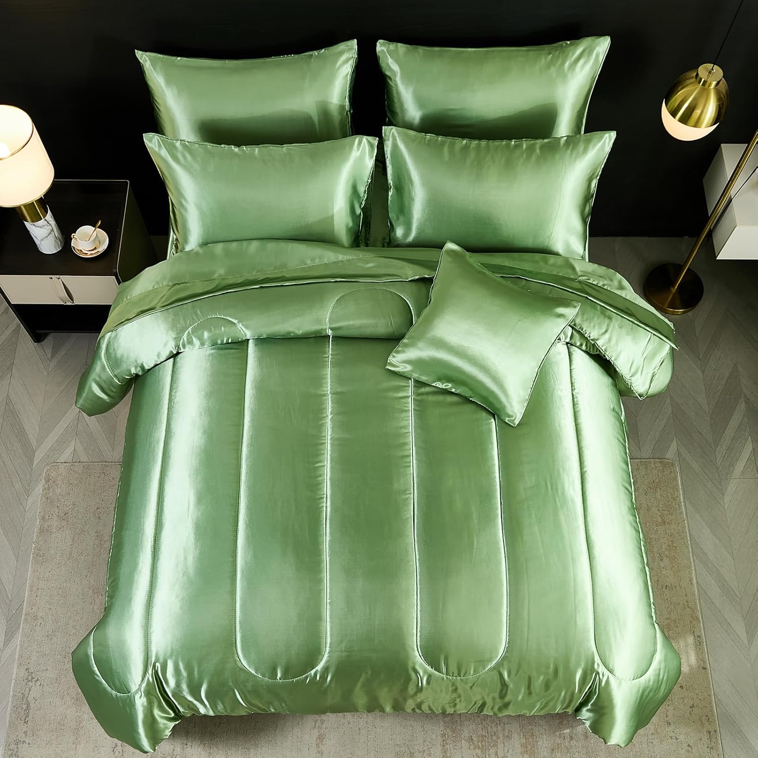 Green Queen Comforter Set with 8 pcs Satin Bedding