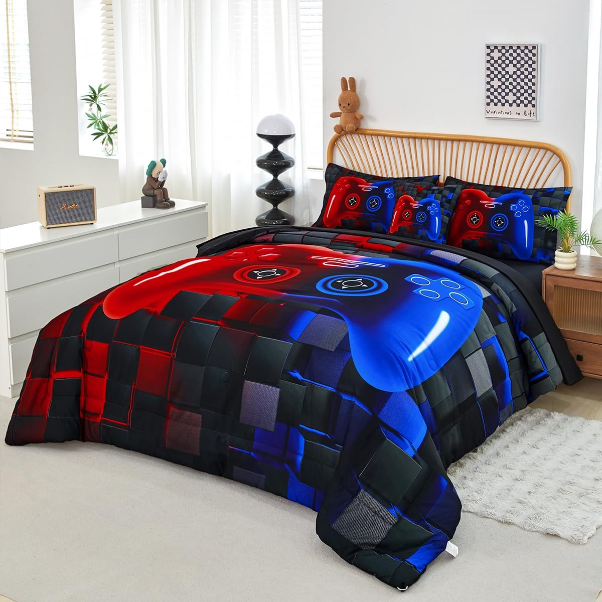 PERFEMET 6 Piece Kids Comforter Set Twin Red Blue Gamer Bedding