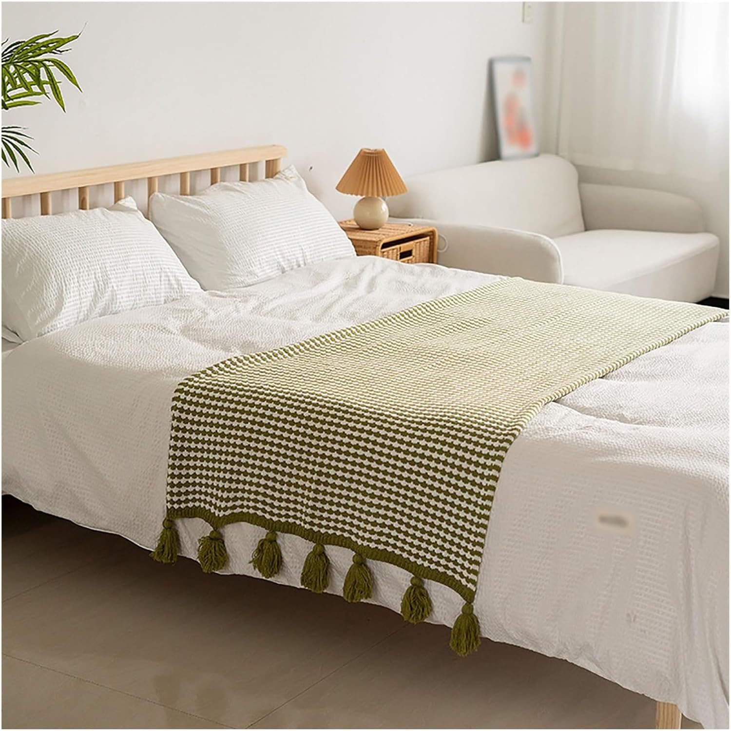 Knitted Bed Runner Scarf with Tassels 230x90cm Blue