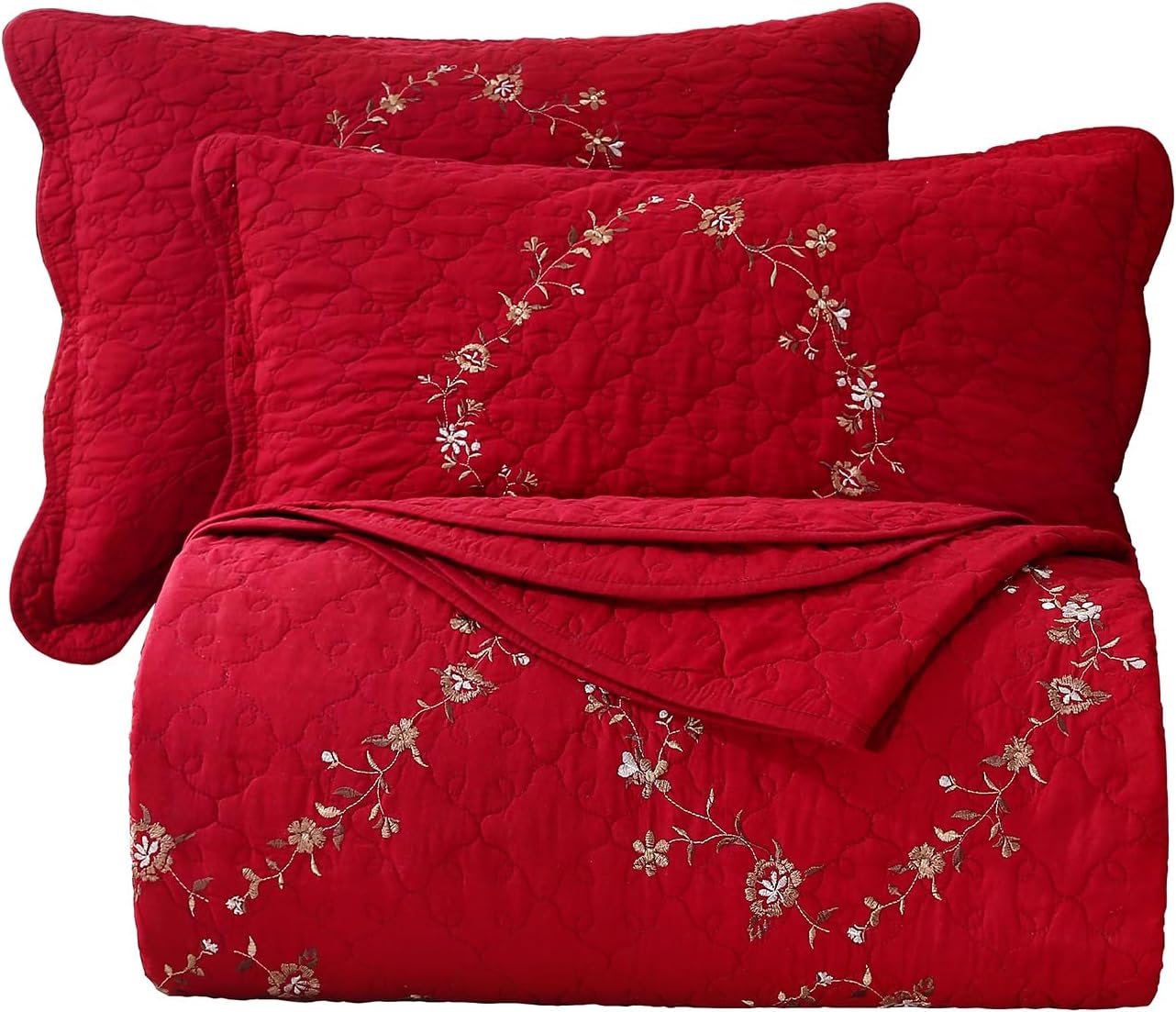 Vctops 3-Piece Christmas Red Floral Bedspread Set