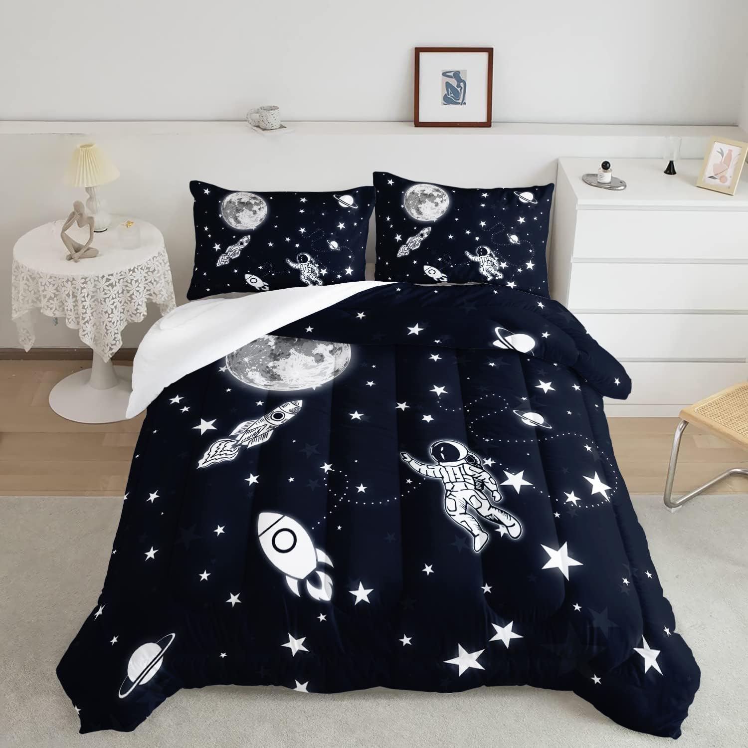 Kids Comforter Set Astronaut Space Rocket Pattern Twin 68x86