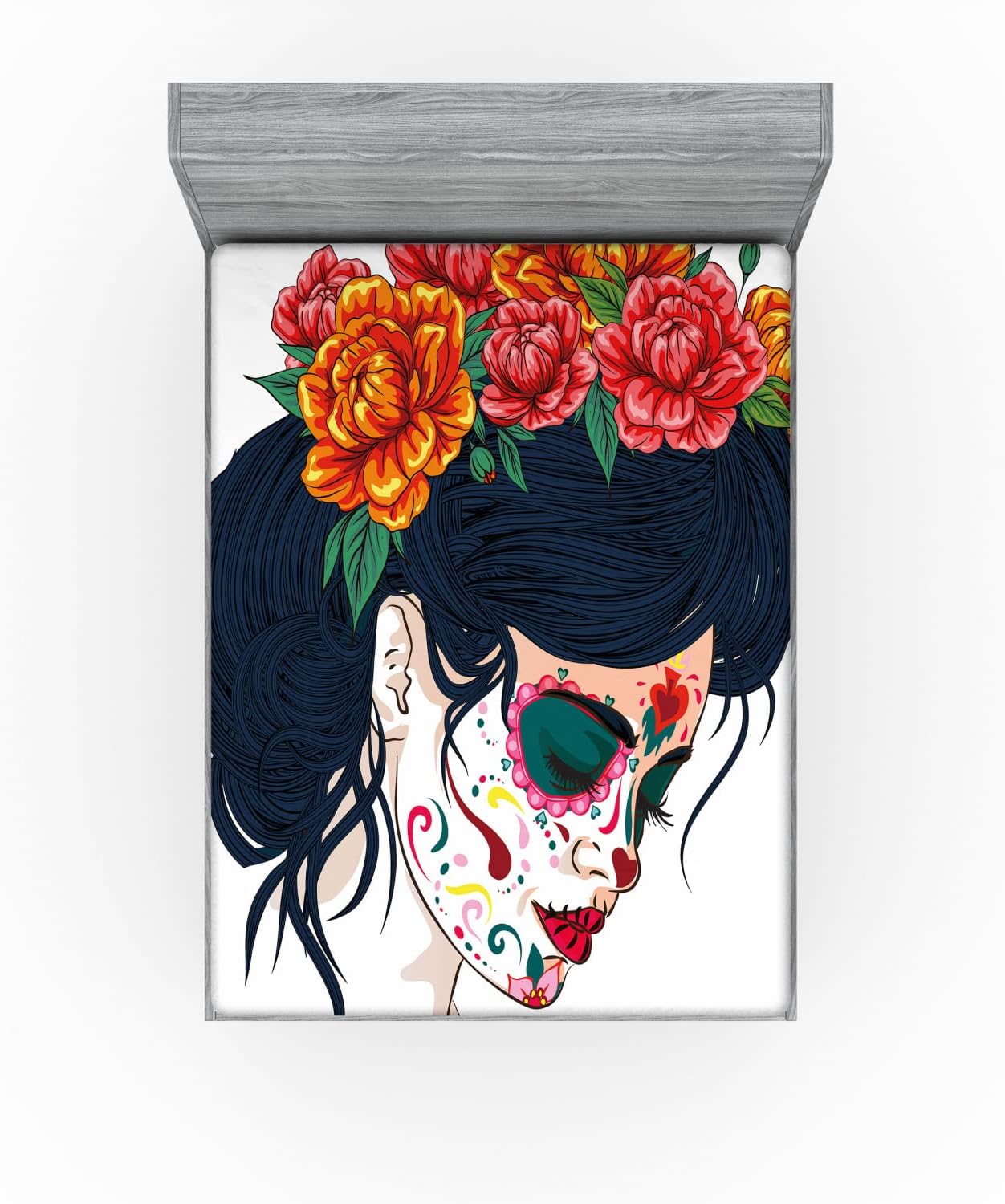 Ambesonne Day of the Dead Fitted Sheet Multicolor