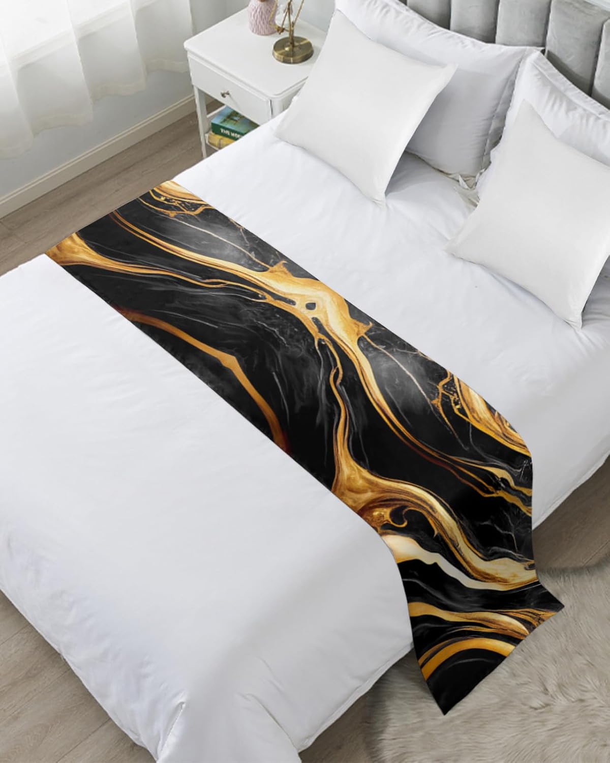 Sabolny Marble Black Bed Runner Scarf Twin Size