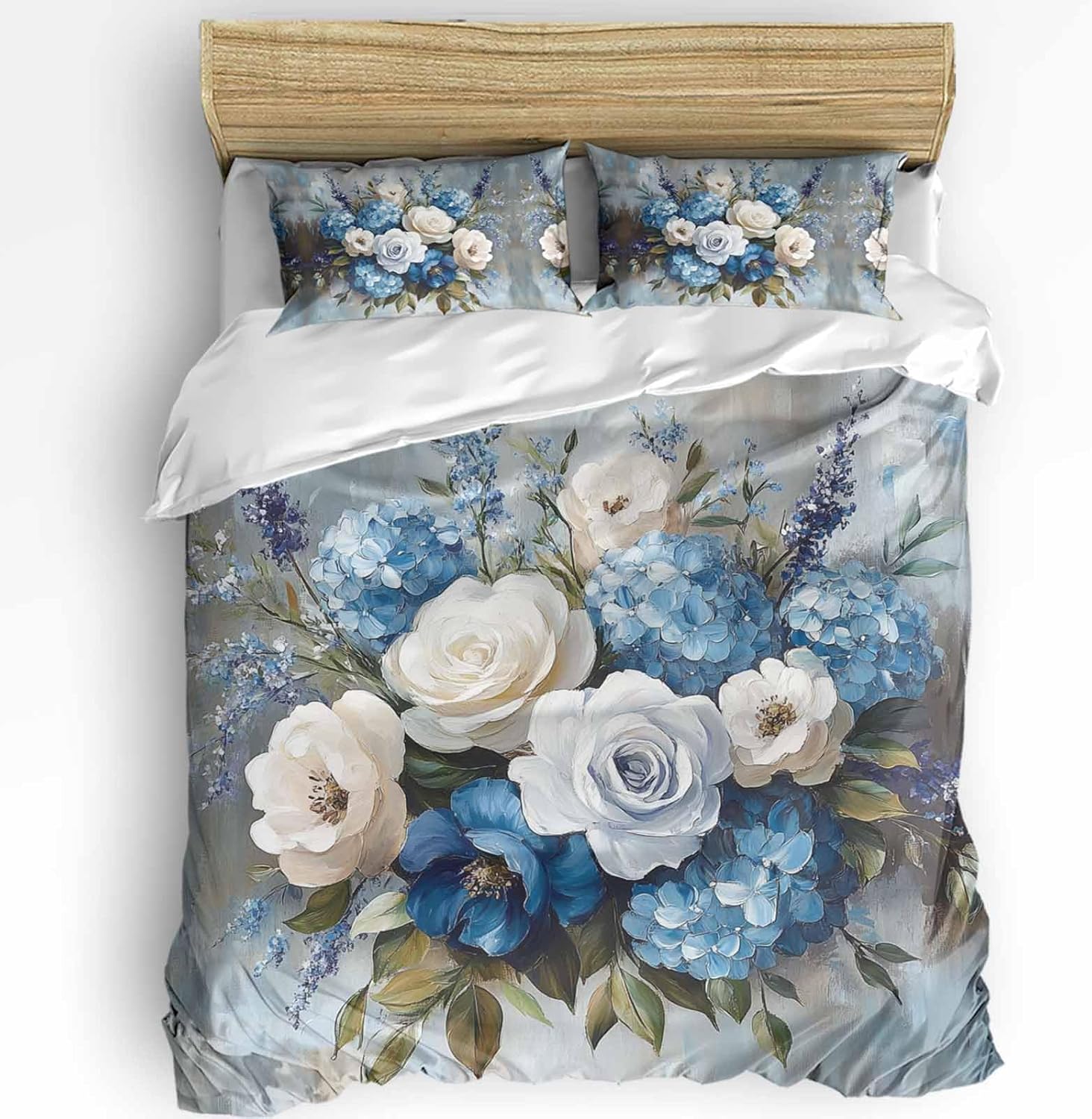 Boanket 3-Piece Queen Duvet Cover Set with Zipper White Blue Floral