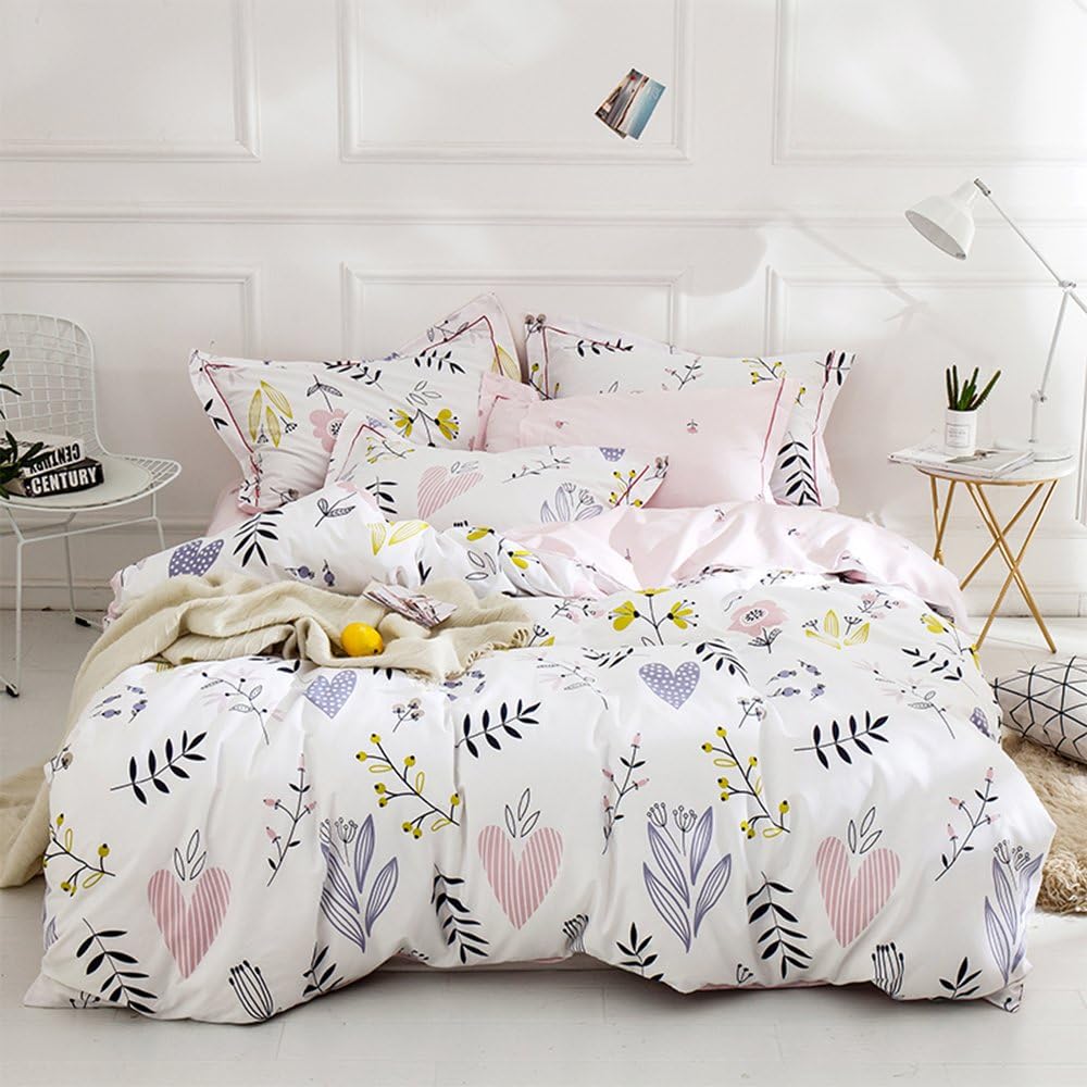 BuLuTu 3 Piece Floral Love Print Duvet Cover Set