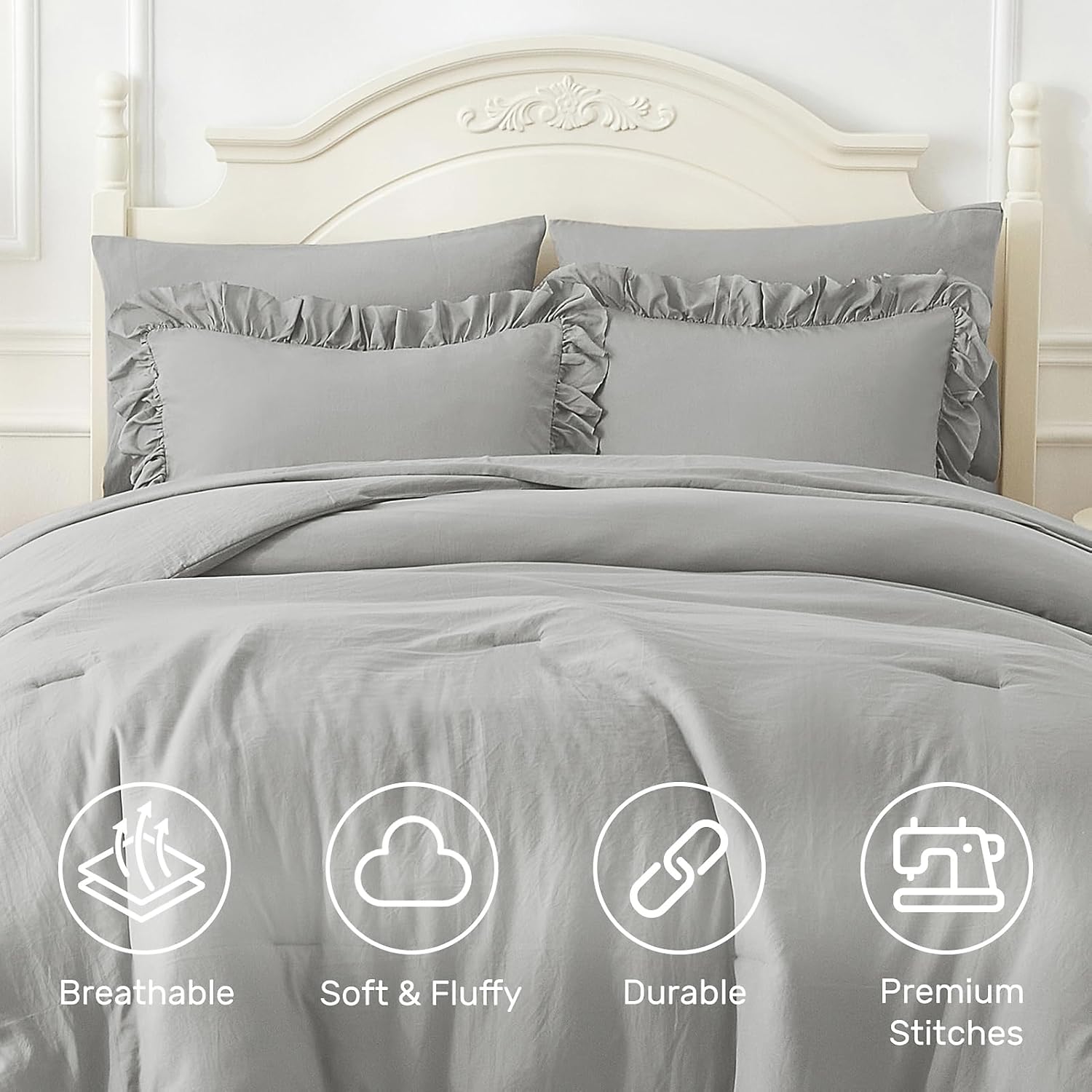 ARTALL Twin Ruffled Comforter Set - Light Grey