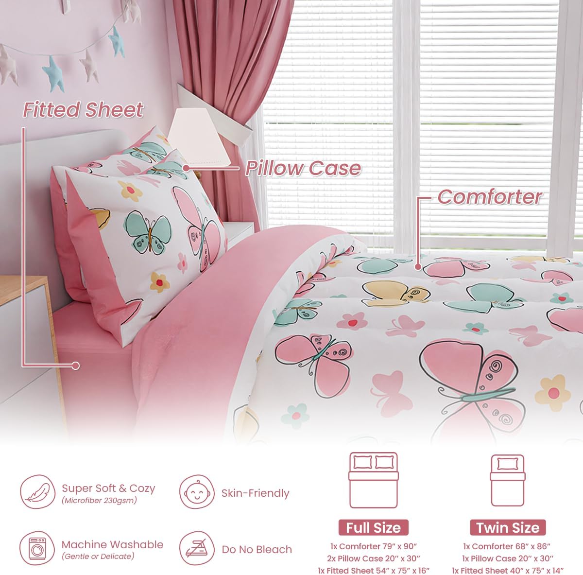 SANDJEST Butterfly Comforter Set for Girls