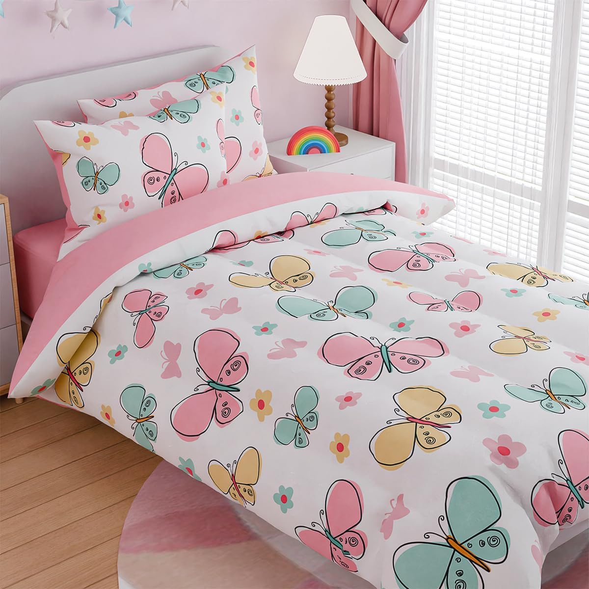 SANDJEST Butterfly Comforter Set for Girls