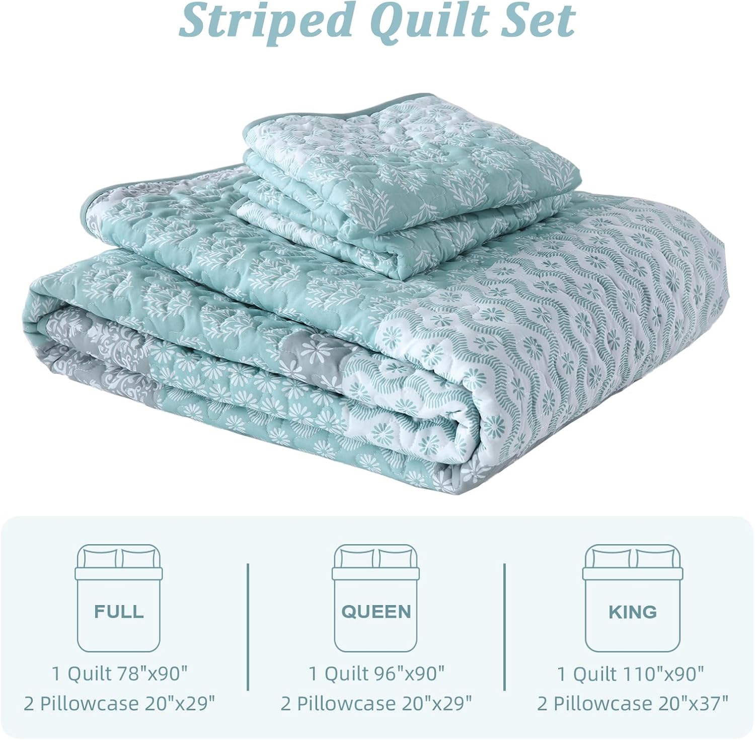 Cottolester King Size Aqua Boho Striped Quilt Set 3 Pieces