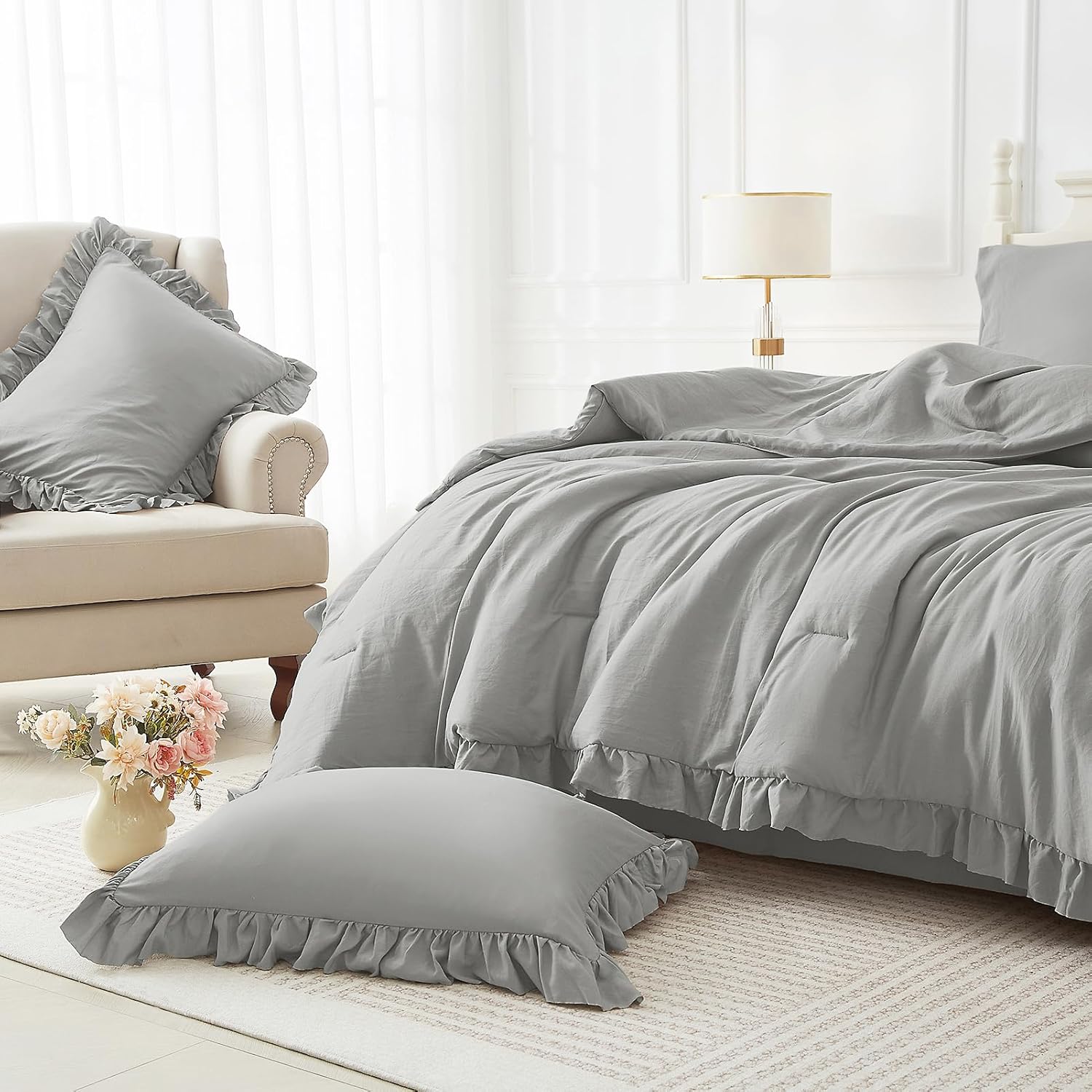 ARTALL Twin Ruffled Comforter Set - Light Grey