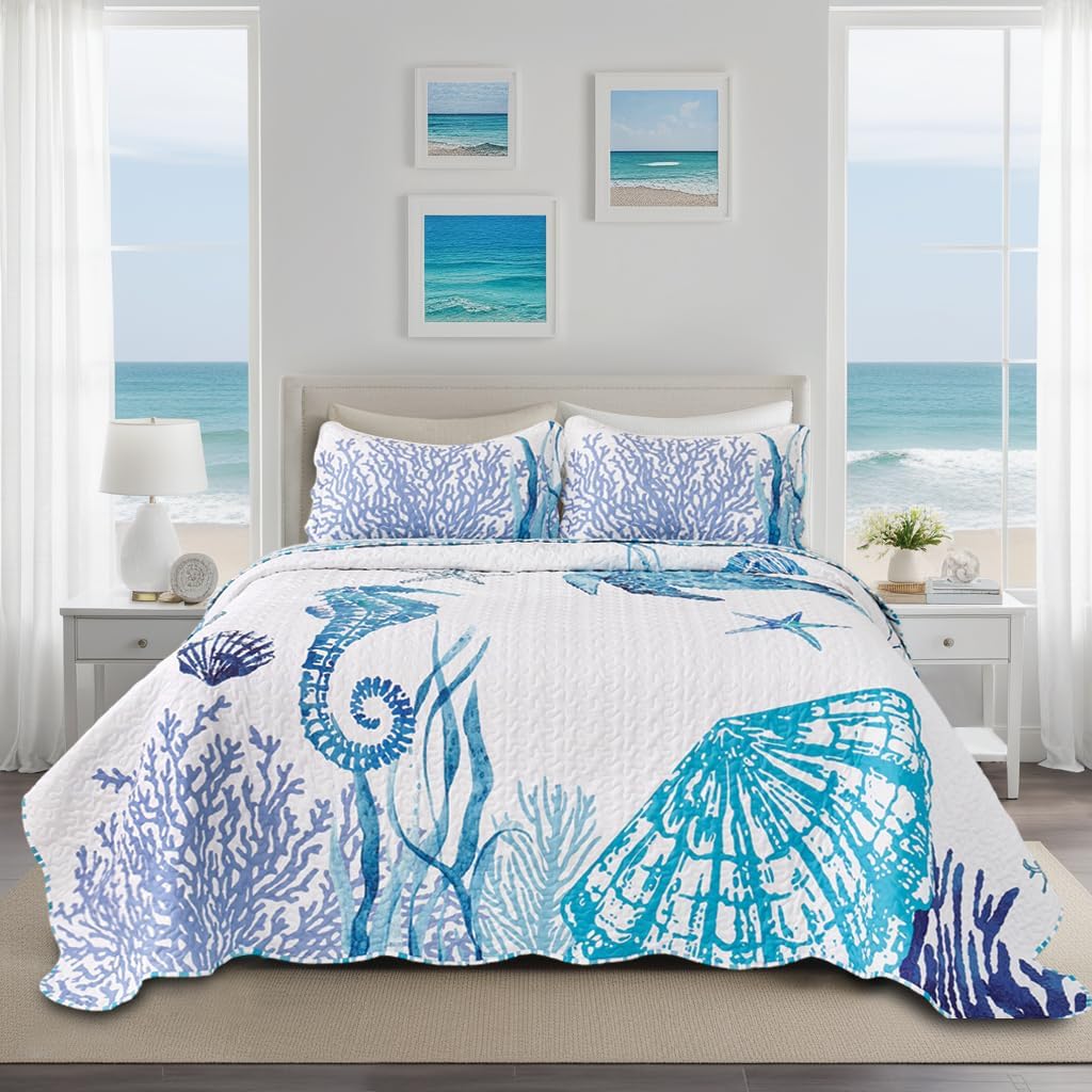EVENHUG Reversible Coastal Quilt Set Queen Size 3 Piece