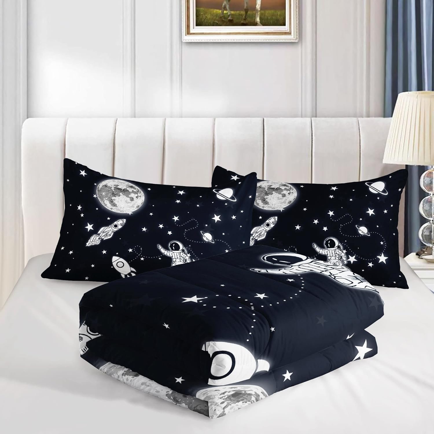 Kids Comforter Set Astronaut Space Rocket Pattern Twin 68x86