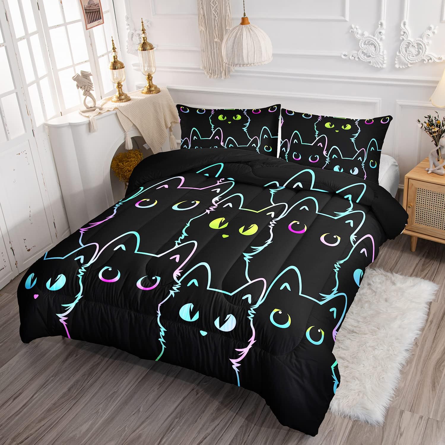 Axolotl Kids Cartoon Cat Comforter Set - Full Size Gradient Black