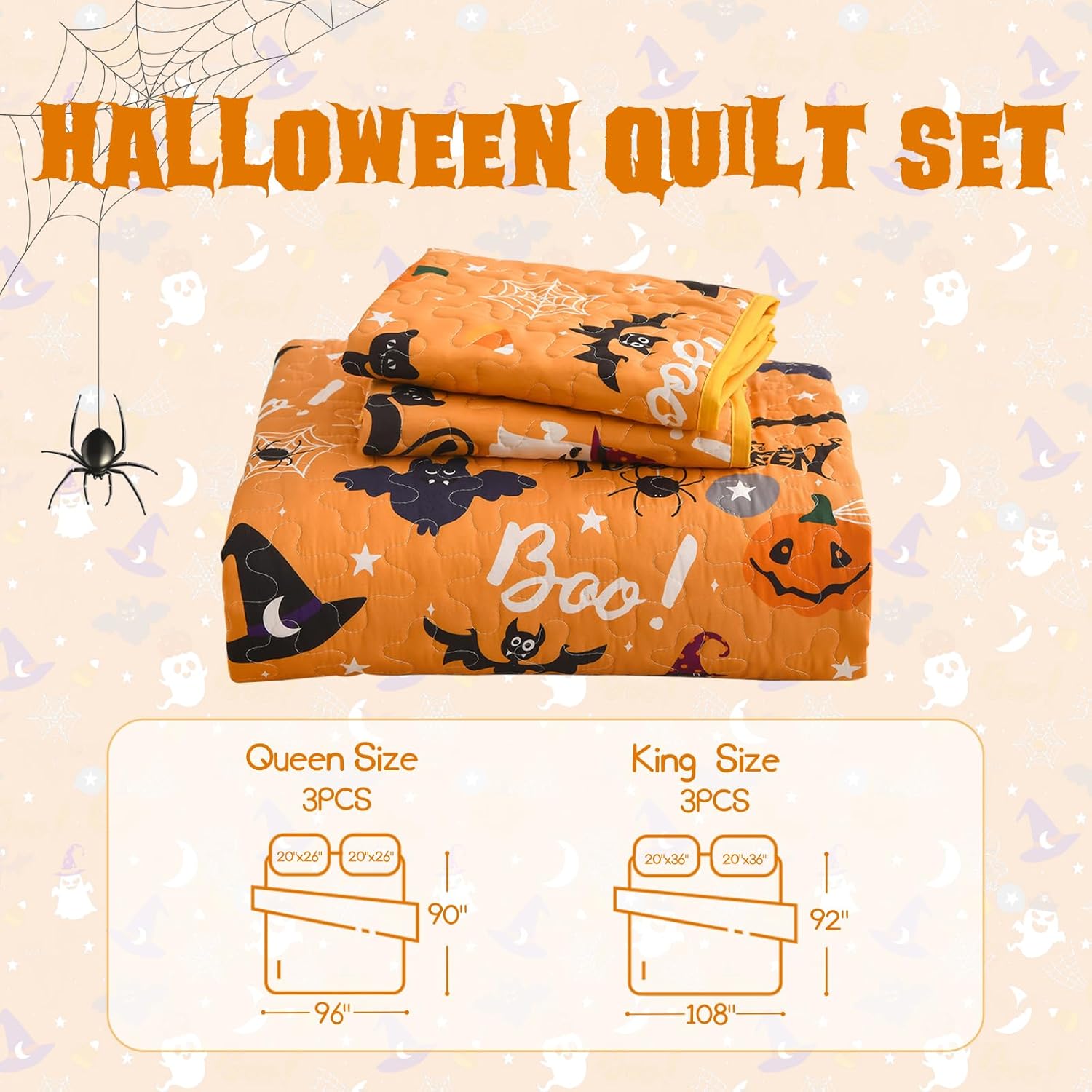 Luxudecor Halloween Queen Quilt Set with Pumpkin and Ghost Design