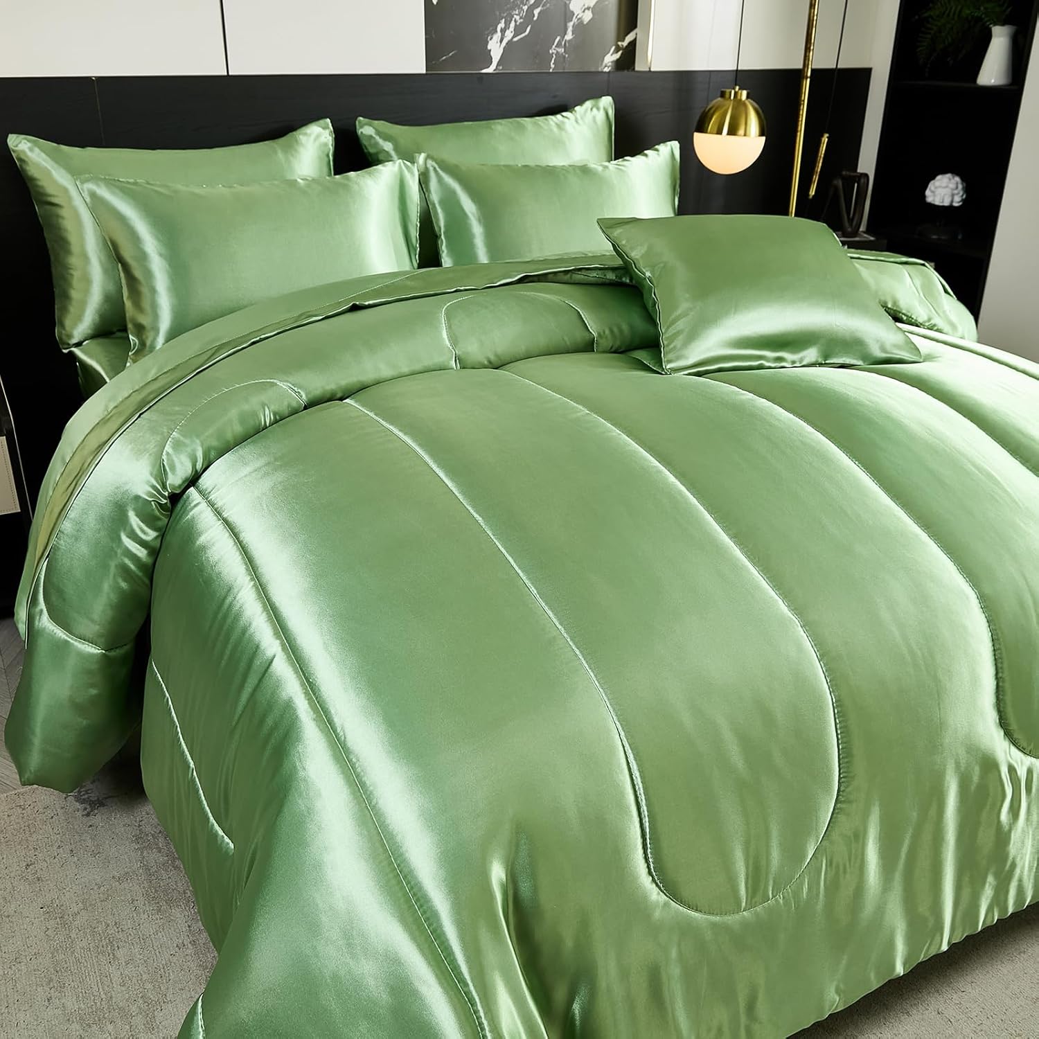 Green Queen Comforter Set with 8 pcs Satin Bedding