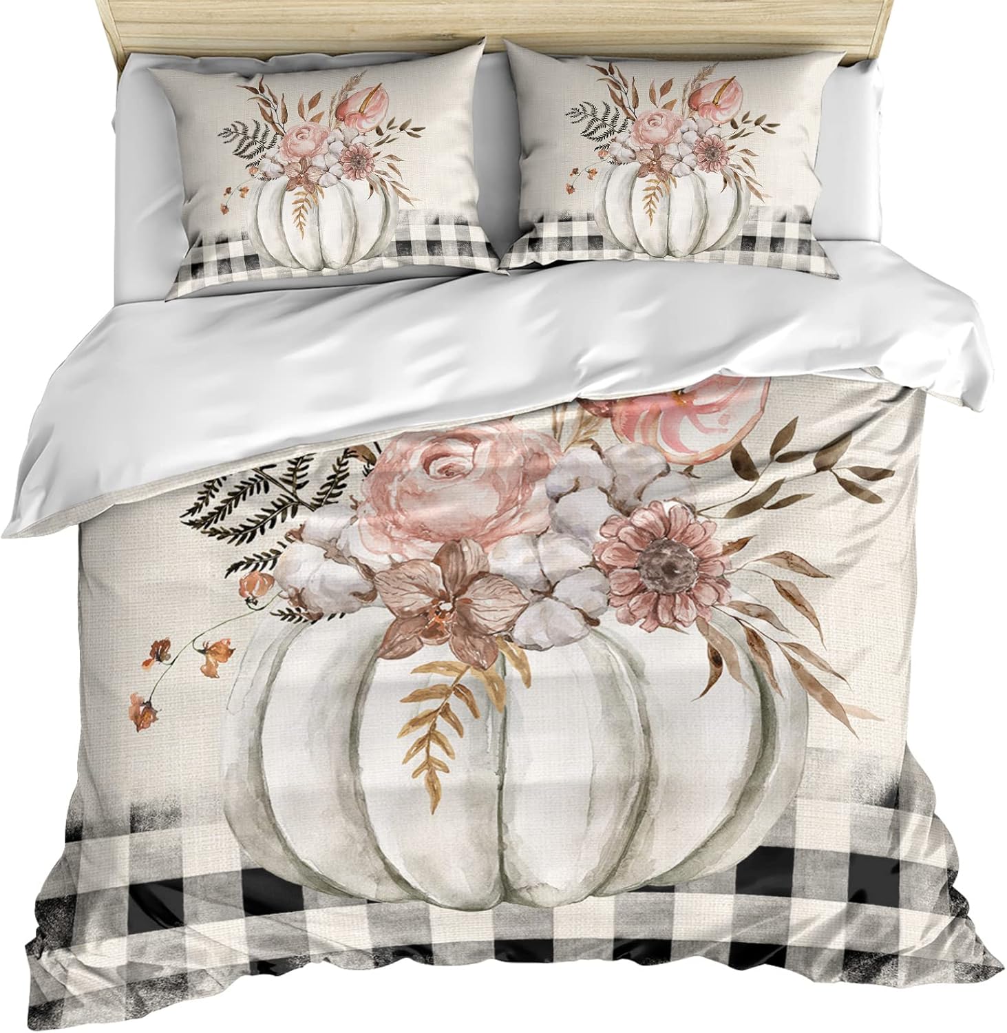 OComster California King Duvet Cover Set with Grey Pumpkin Plaid