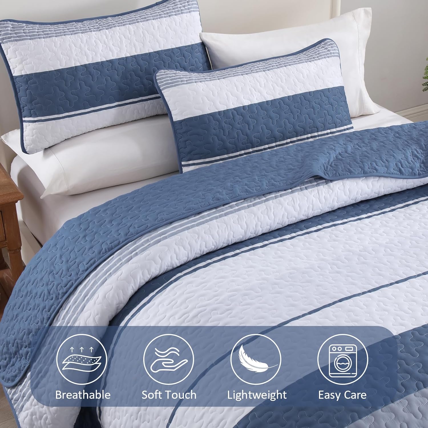 Dinjoy Boho Queen Quilt Set 3 Piece Mineral Blue Striped Bedspread