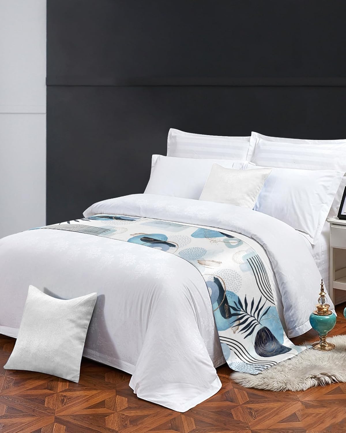 Boho Blue Bed Runner Scarf with Tropical Leaves Design