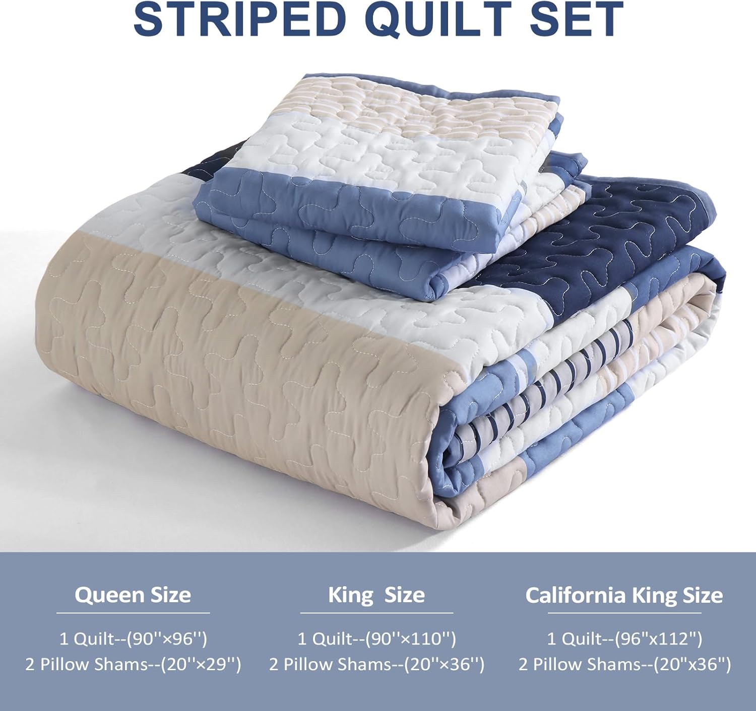 Dinjoy Blue King Quilt Set - Boho Beige Striped Lightweight 3 Piece Bedding