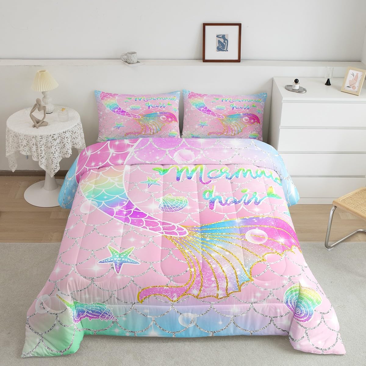 Feelyou Mermaid Comforter Set Twin Size for Kids Girls