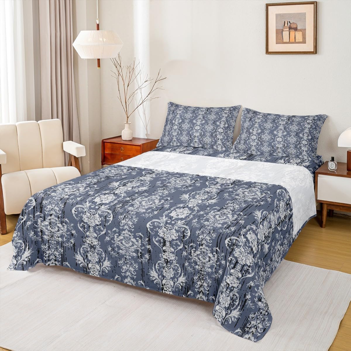 Erosebridal Damask Blue Gothic Floral Bed Sheet Set Twin