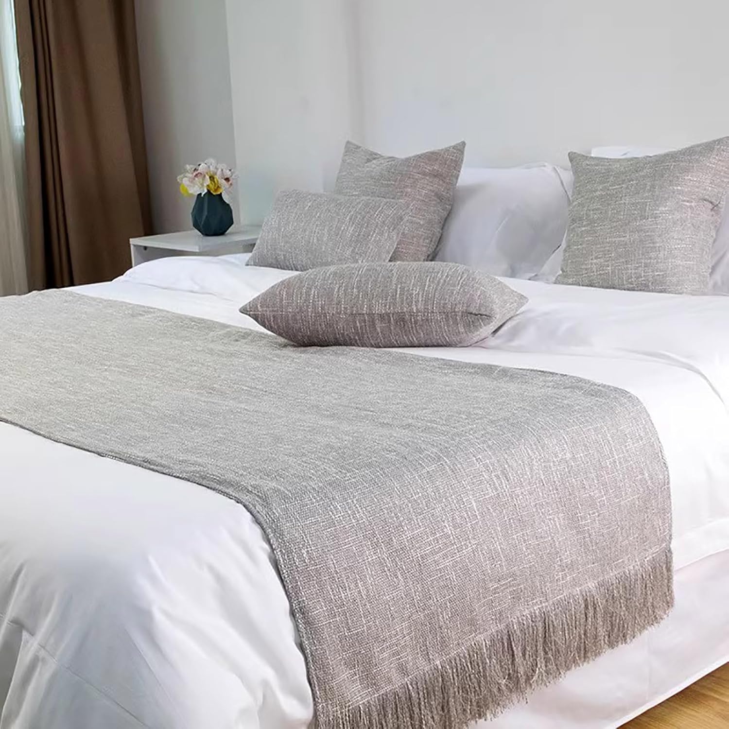 Cotton Linen Bed Runner with Tassels Grey King 19x94 Inch
