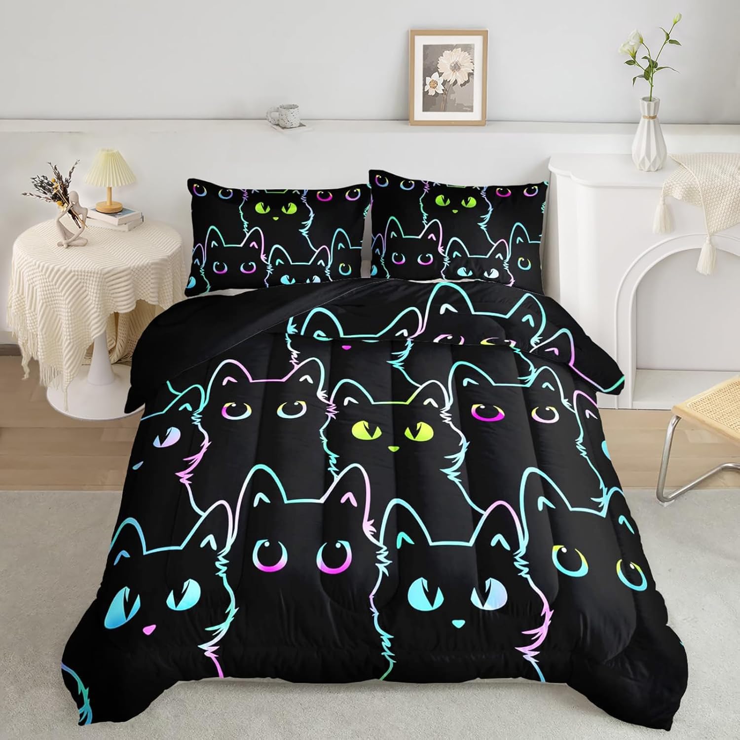Axolotl Kids Cartoon Cat Comforter Set - Full Size Gradient Black