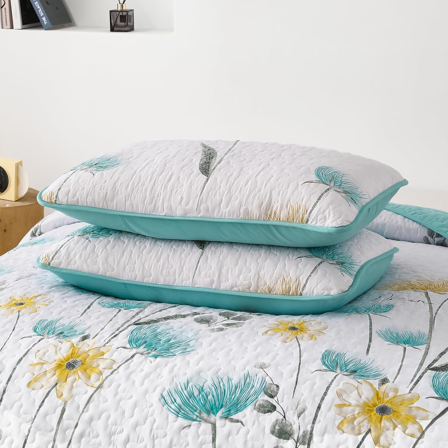 Dinjoy Floral King Quilt Set 3 Piece Aqua Farmhouse Bedding 1
