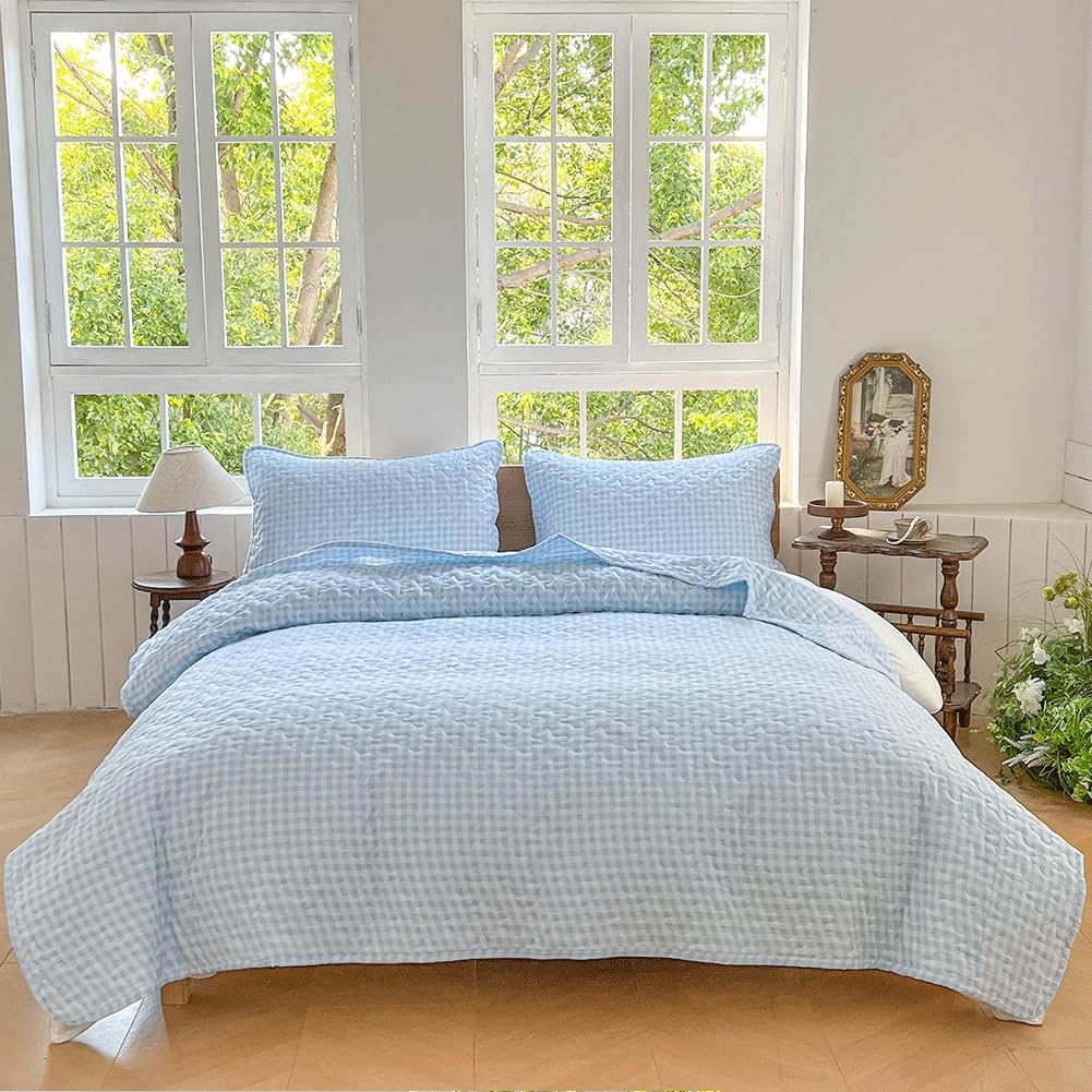 NSNLGSGC Gingham King Quilt Set Soft Blue Plaid Bedspread