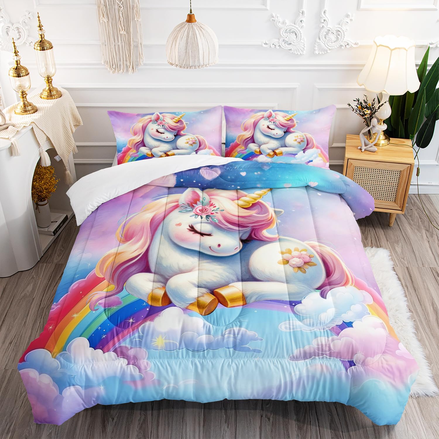 XYNHML Pink Blue Unicorn Comforter Set 3pcs Twin