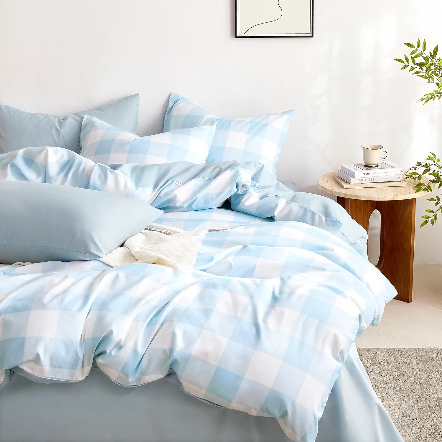 Wake In Cloud - Gingham Duvet Cover Set Light Blue White TwinTwin XL