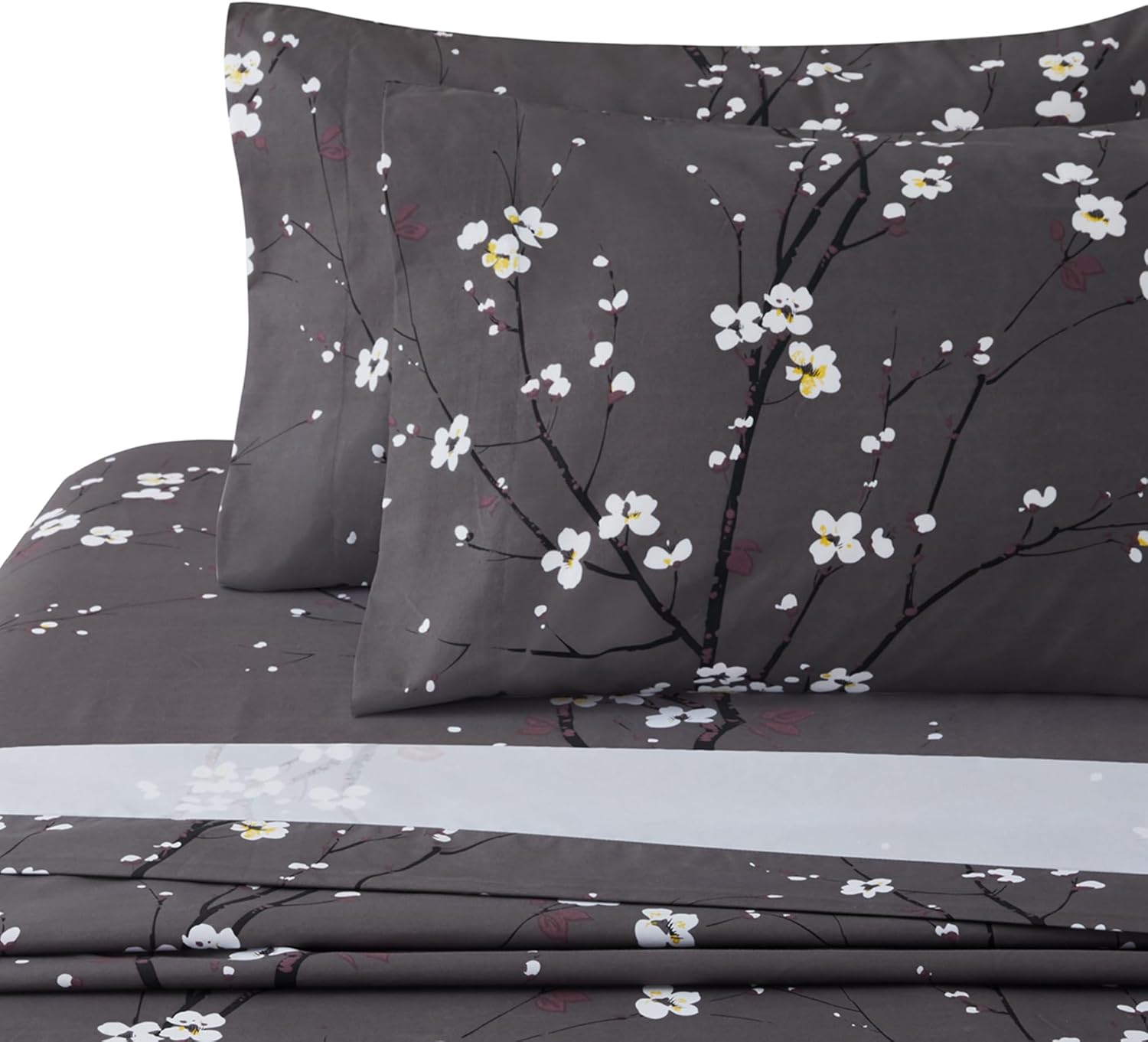 Plum Blossom Floral Grey Printed 600 Thread Count Cotton Blend Sheet Set