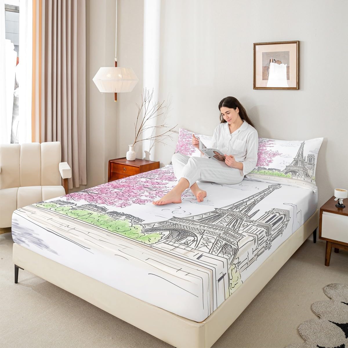Jejeloiu Paris Themed Sheet Set with Pillowcase for Kids