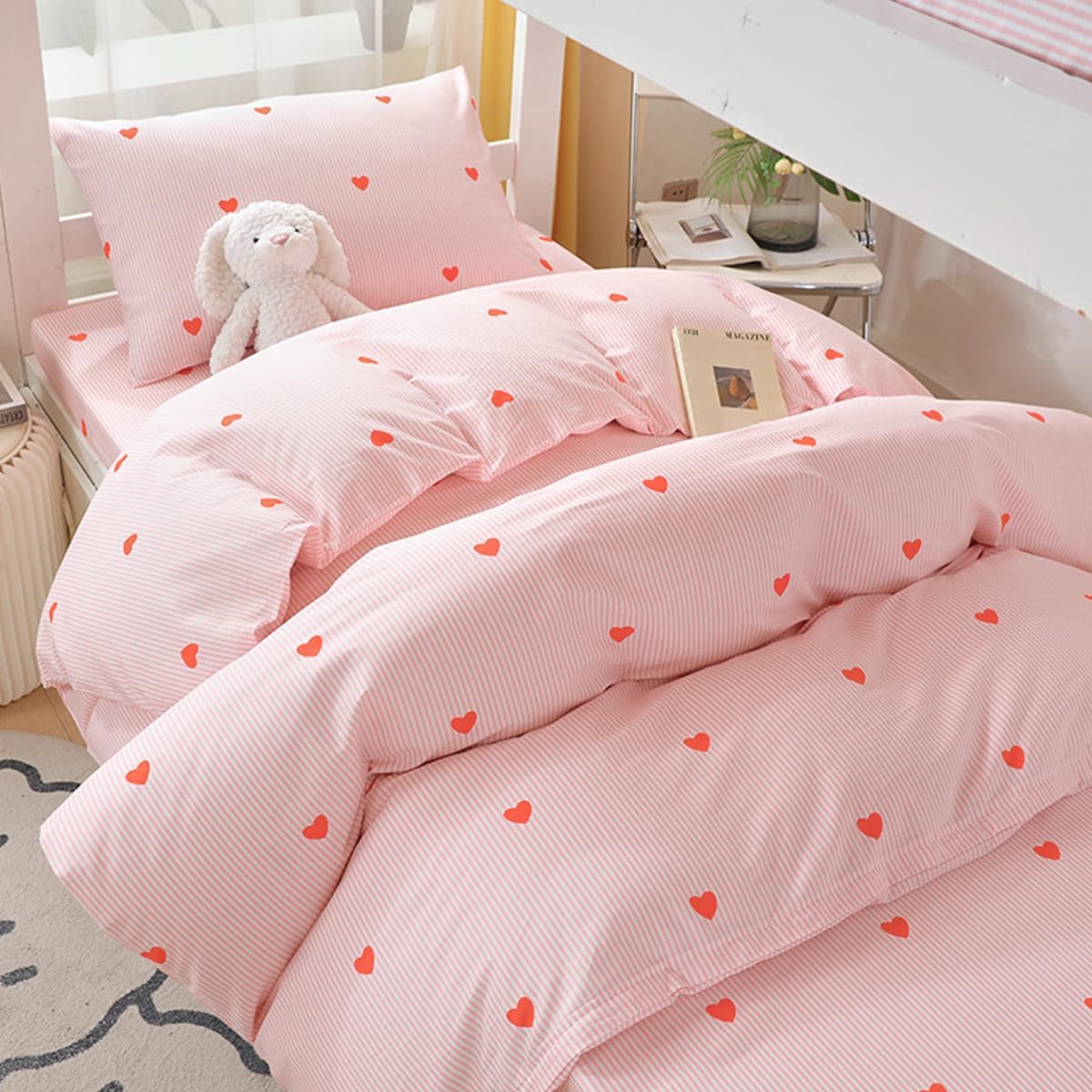 Pink Striped Duvet Cover Set 3Pcs Queen Size