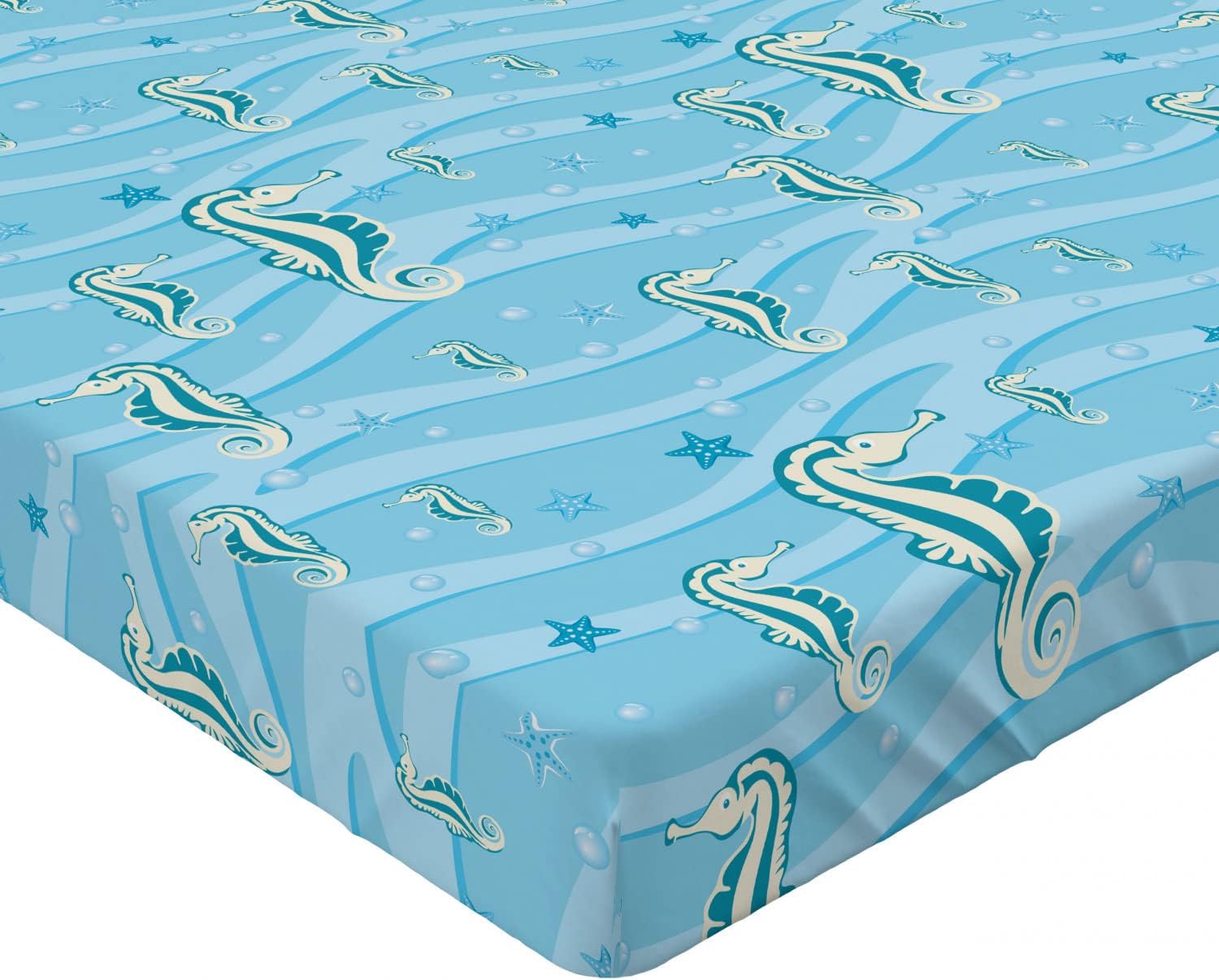 Ambesonne California King Fitted Sheet - Cartoon Seahorses Blue