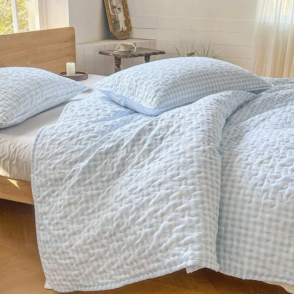 NSNLGSGC Gingham King Quilt Set Soft Blue Plaid Bedspread