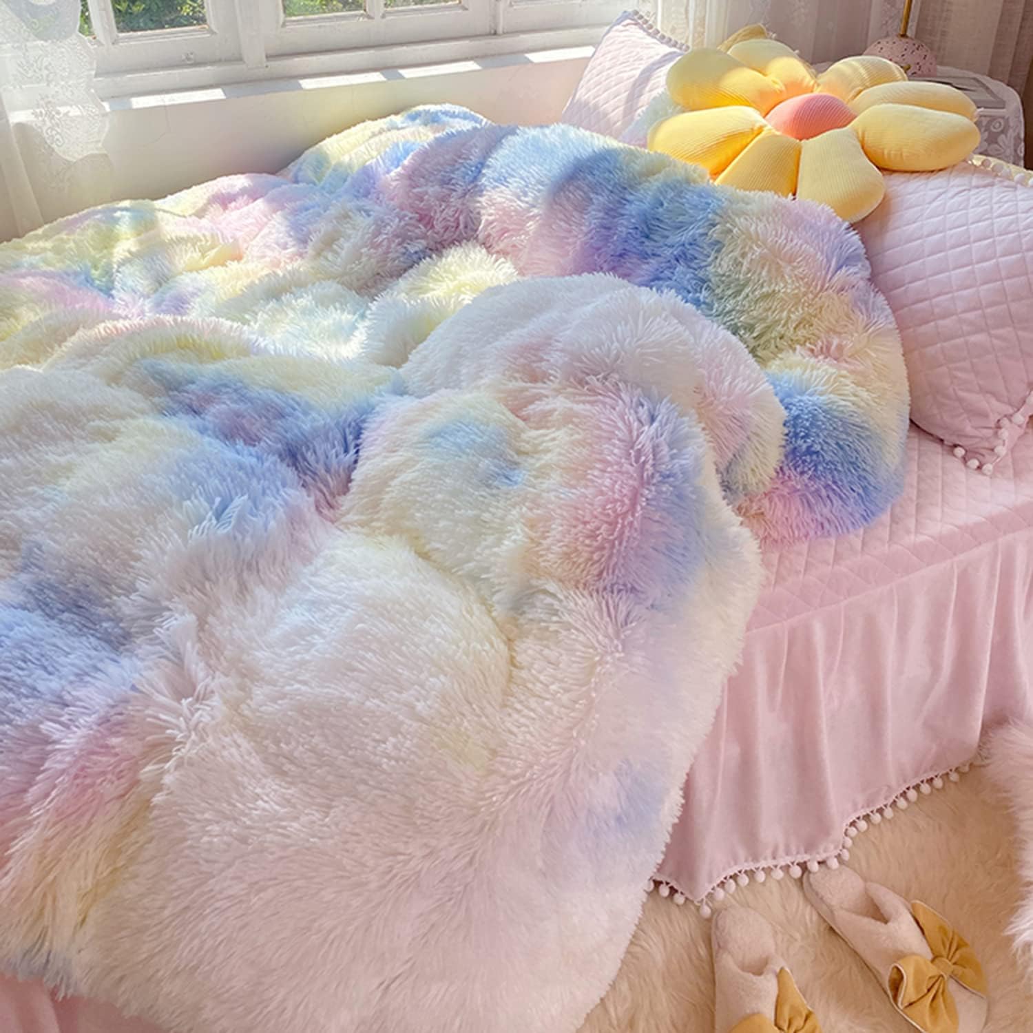 Chovy Kids Girls Faux Fur Rainbow Comforter Set TwinFull 3PC