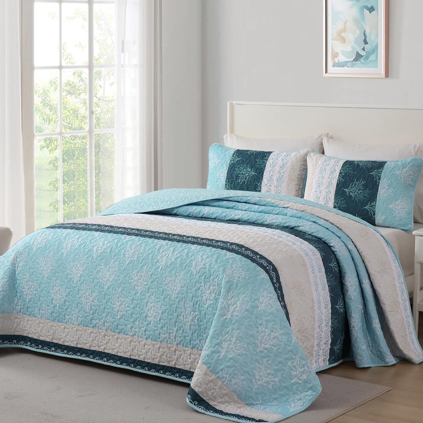 DJY Light Blue Boho Quilt Set 3 Pieces King Size