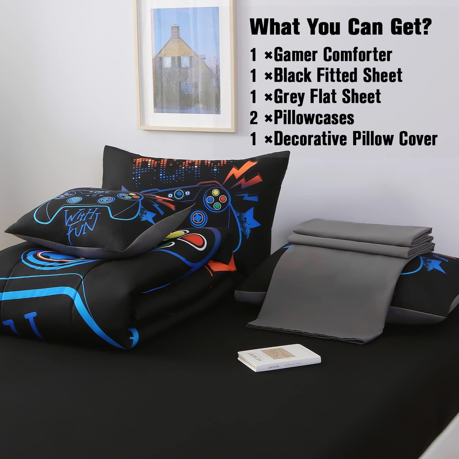 JQinHome Twin Gaming Comforter Set - 6 Piece Bed in a Bag