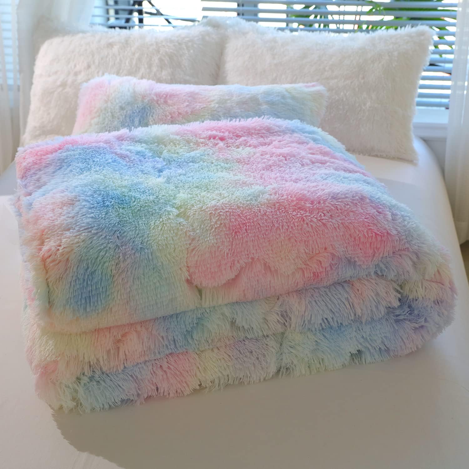 Chovy Kids Girls Faux Fur Rainbow Comforter Set TwinFull 3PC