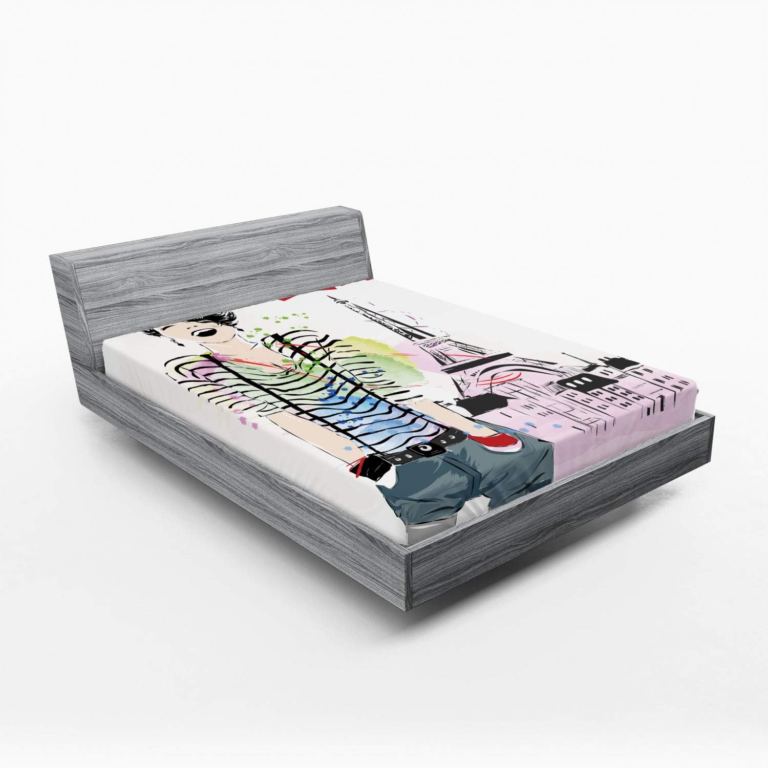 Ambesonne Eiffel Tower Fitted Sheet Set Multicolor