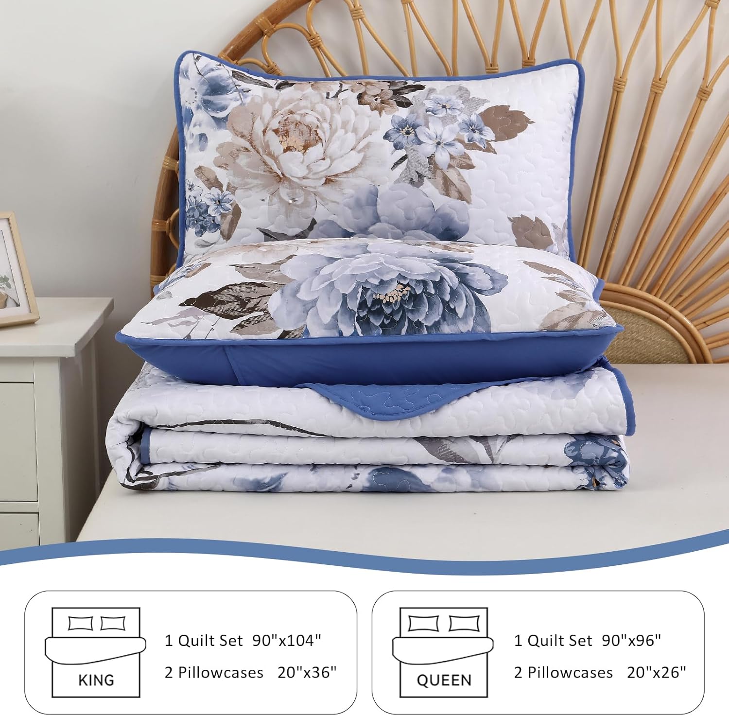 Wongs Bedding Blue Floral 3-Piece Quilt Set