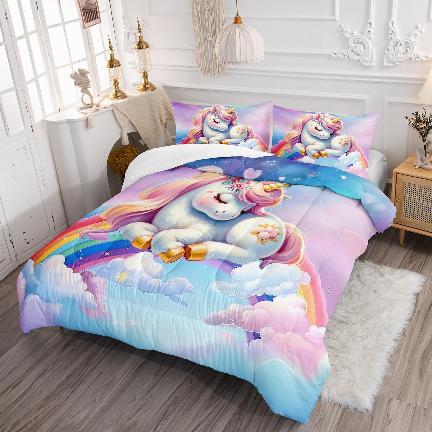 XYNHML Pink Blue Unicorn Comforter Set 3pcs Twin