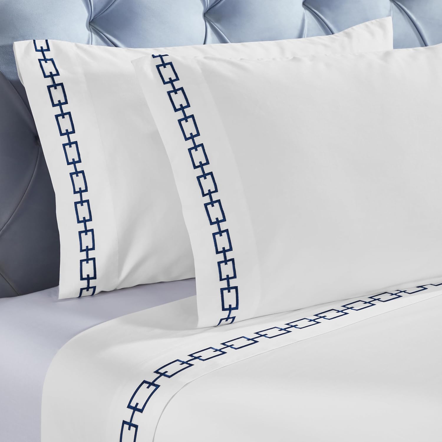 Superior Embroidered Cotton Sheet Set California King WhiteNavy Blue